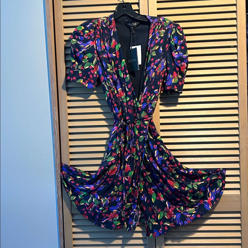 NWT SALONI Multicolor Floral Dress with Puff Sleeves, Size 0